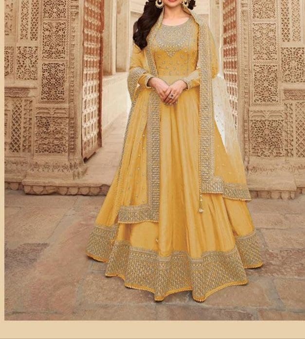 Magnetic Mustard Color Embroidered Work Dola Silk Salwar Suit For Women