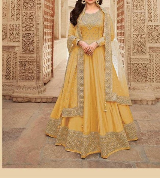 Magnetic Mustard Color Embroidered Work Dola Silk Salwar Suit For Women