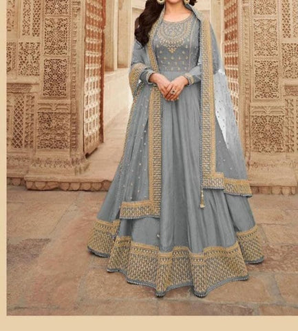 Adorable Grey Color Embroidered Work Dola Silk Occasion Wear Indo Western