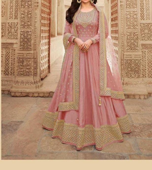 Desirable Pink Color Silk Embroidered Work Indo Western For Women