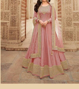 Desirable Pink Color Silk Embroidered Work Indo Western For Women