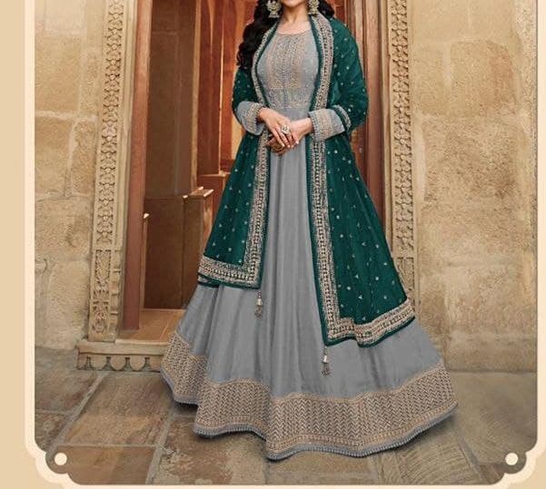 Striking Grey Color Dola Silk Embroidered Design Work Salwar Suit For Women
