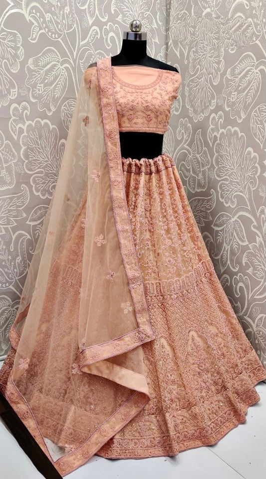 Bridal Wear Light Orange Color Soft Net Designer Multi Embroidered Zari Diamond Touch Up Zarkan Work Latest Design Lehenga Choli