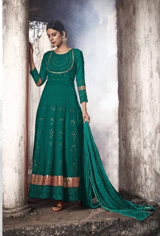 Pleasant Rama Green Color Georgette Embroidered Work Salwar Suit For Women