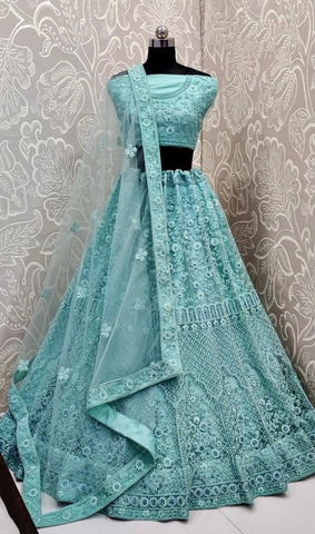 Light Blue Color Wedding Wear Diamond Touch Up Multi Zari Embroidered Work Soft Net Zarkan Latest Design Lehenga Choli