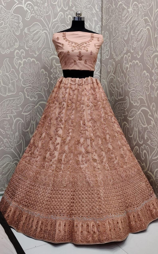 Festive Wear Peach Color Designer Soft Net Zarkan Multi Embroidered Zari Diamond Touch Up Work Latest Design Lehenga Choli