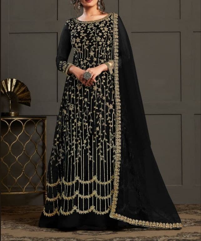 Eye-catching Black Color Net Embroidered Work Function Wear Salwar Suit