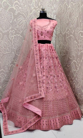 Light Pink Color Soft Net Bridal Wear Multi Zari Diamond Touch Up Embroidered Work Latest Design Lehenga Choli