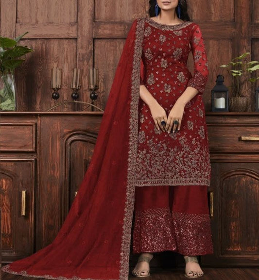Exceptional Red Color Net Function Wear Embroidered Work Salwar Suit Design