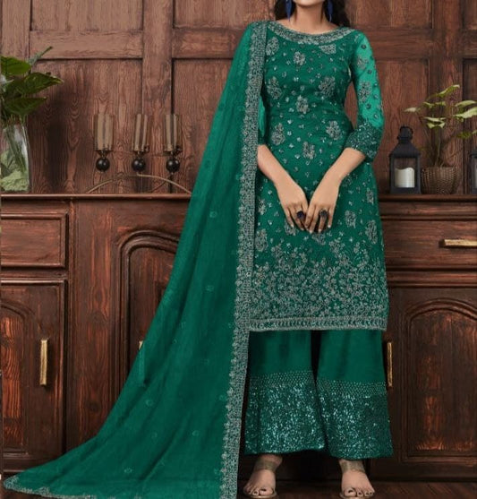 Bewildering Rama Green Color Sequence Coding Net Design Salwar Suit