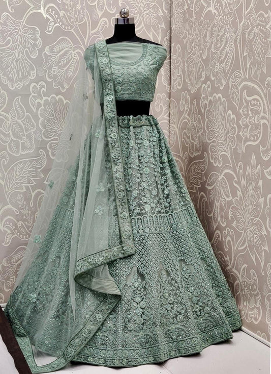 Light Green Color Party Wear Soft Net Diamond Touch Up Multi Zari Embroidered Work Latest Design Lehenga Choli