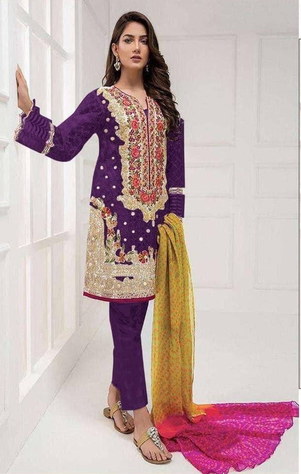 Fashionable Violet Color Wedding Wear Organza Embroidered Work Salwar Suit