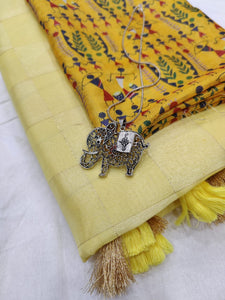 Party Wear Light Yellow Color Designer Checked Satin Tasser Silk Zari Weaving Temple Border Designer Saree Blouse
