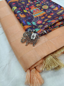Peach Color Wedding Wear Tussar Silk Satin Weaving Zari Checked Design Temple Border Designer Saree Blouse