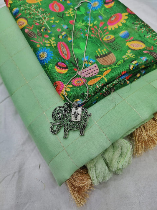 Light Green Color Festival Wear Zari Weaving Checked Temple Border Tussar Satin Silk Designer Saree Blouse
