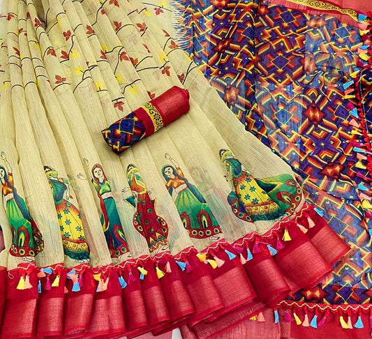 Light Yellow Color Party Wear Lenin Silk Fancy All Over Tussels Doll Dancing Design Designer Saree Blouse