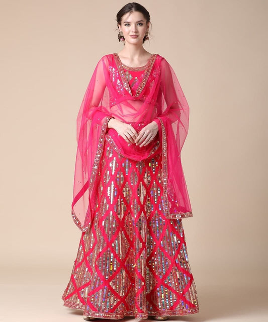 Dismaying Rani Pink Color Function Wear Satin Embroidered Thread Work Lehenga Choli