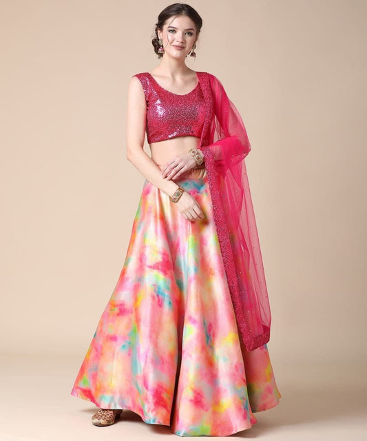 Good-looking Pink Color French Gotta Designer Digital Printed Party Wear Lehenga Choli
