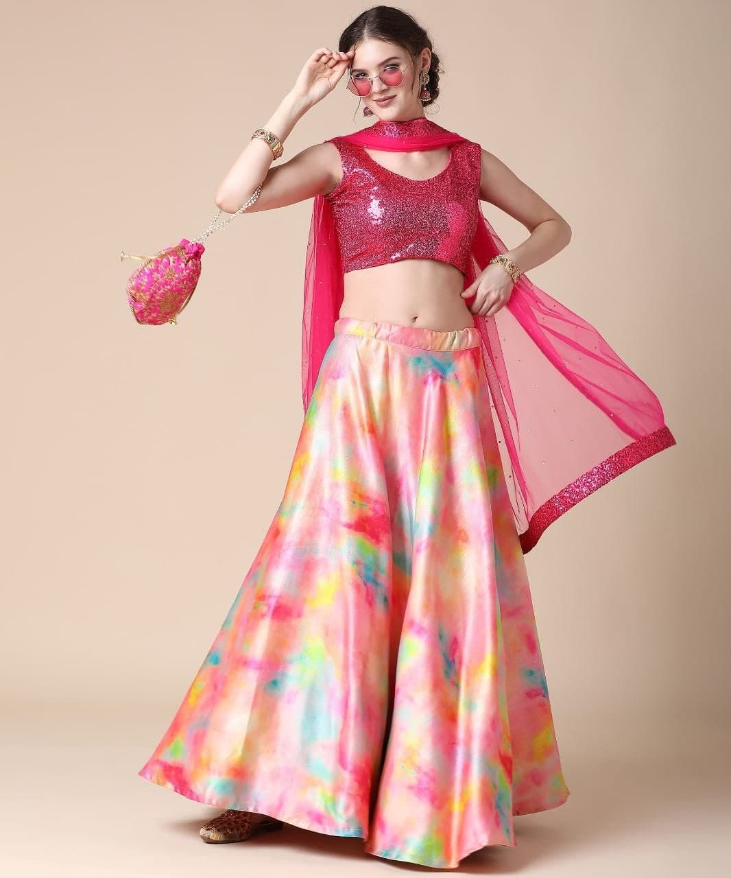 Good-looking Pink Color French Gotta Designer Digital Printed Party Wear Lehenga Choli