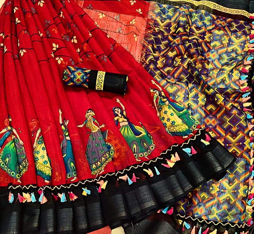 Red Color Linen Tussels Silk All Over Dancing Doll Design Festive Wear Designer Saree Blouse