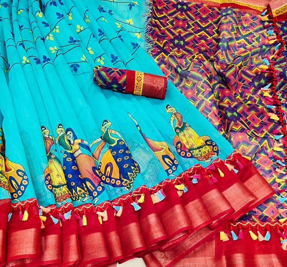 Firozi Color Designer Tussels Silk Linen All Over Doll Dancing Design Designer Saree Blouse