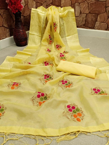 Yellow Color Cotton Satin Patta Multi Embroidered Work Latkan Designer Saree Blouse Party Wear
