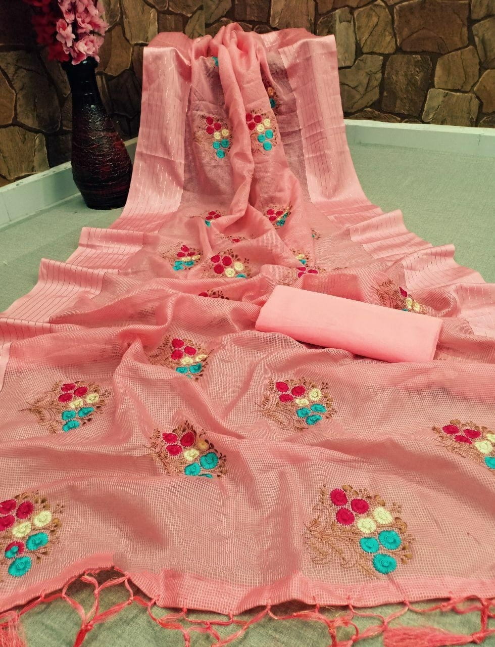 Pink Color Wedding Wear Multi Embroidered Work Latkan Satin Cotton Patta Designer Saree Blouse