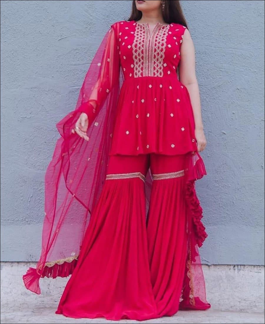 Exceptional Rani Pink Color Georgette Sequence Work Sharara Suit For Women