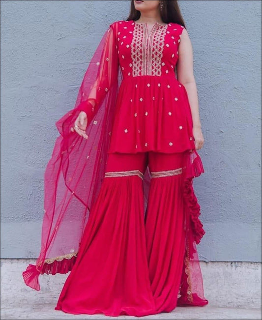 Exceptional Rani Pink Color Georgette Sequence Work Sharara Suit For Women
