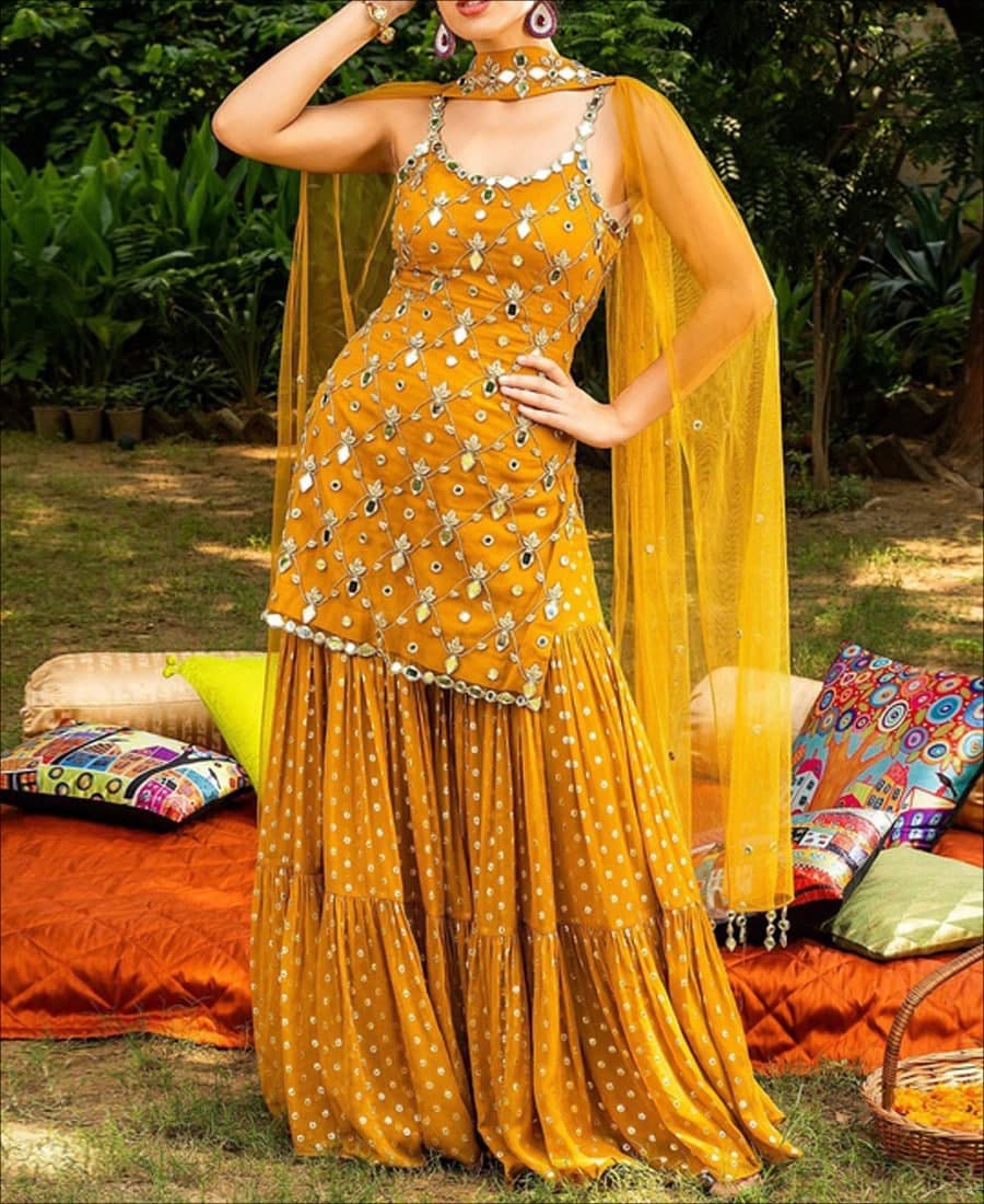 Gorgeous Mustard Color Silk Thread Sequence Work Festive Wear Sharara Suit