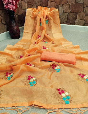 Peach Color Occasion Wear Cotton Satin Patta Fancy Embroidered Multi Work Latkan Design Designer Saree Blouse