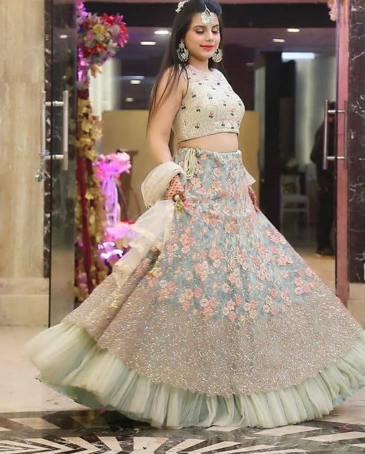 Starling Sea Green Color Net Embroidered Work Function Wear Lehenga Choli