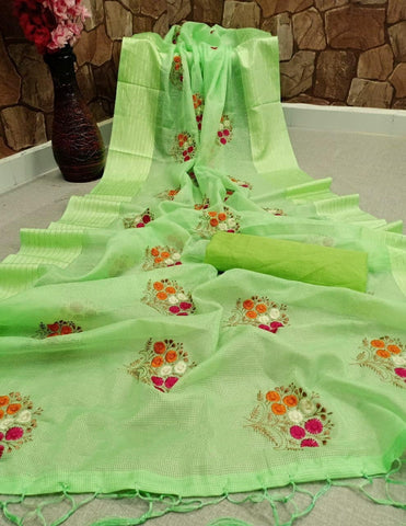 Green Color Multi Embroidered Work Latkan Cotton Satin Patta Wedding Wear Designer Saree Blouse