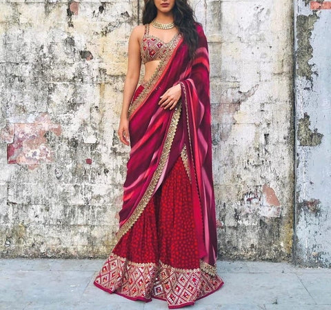 Red Color Semi Stitched Soft Tapetta Silk Designer Thread Zari Paper Mirror Work Sharara Salwar Suit
