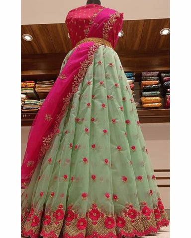 Glourious Green Color Organza Thread Stone Work Function Wear Lehenga Choli