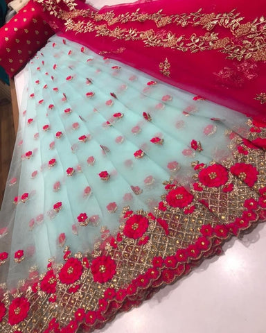 Pretty Light Blue Color Indian Wear Organza Multi Thread Work Lehenga Choli