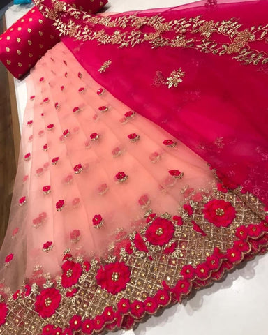 Desirable Peach Color Festival Wear Cut Thread Multi Work Organza Design Lehenga Choli