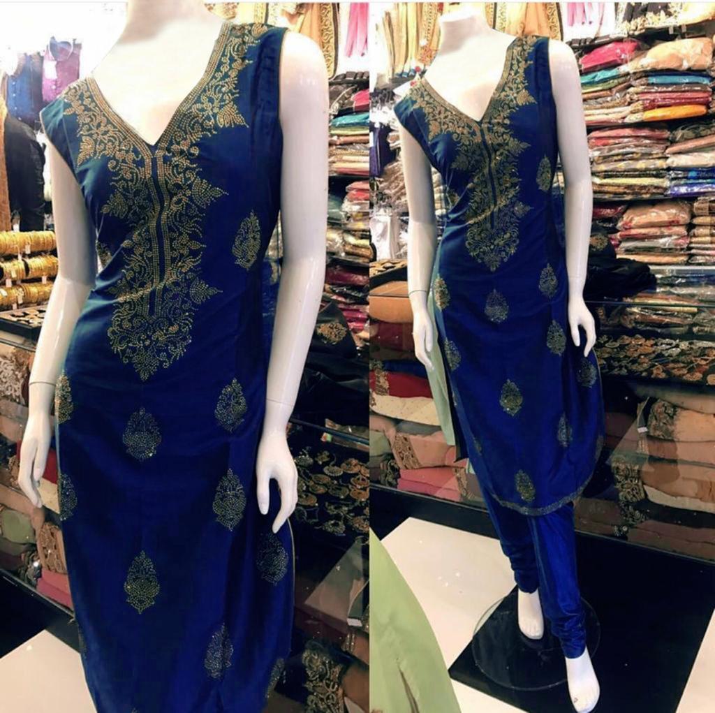 Festive Wear Dark Blue Color Fancy Hot Fix Chanderi Modal Kurti Pent