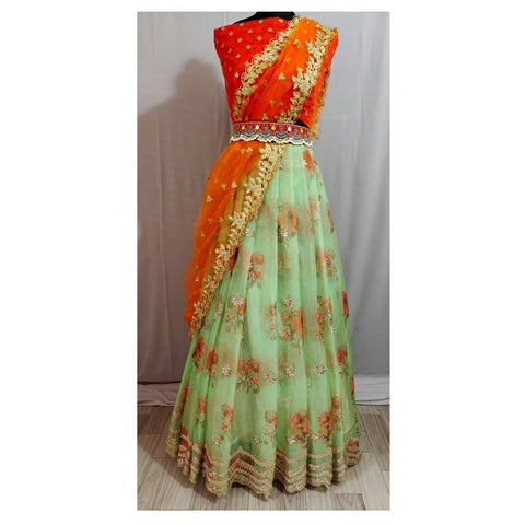 Light Green Color Organza Stone Cut Printed Work Function Wear Lehenga Choli