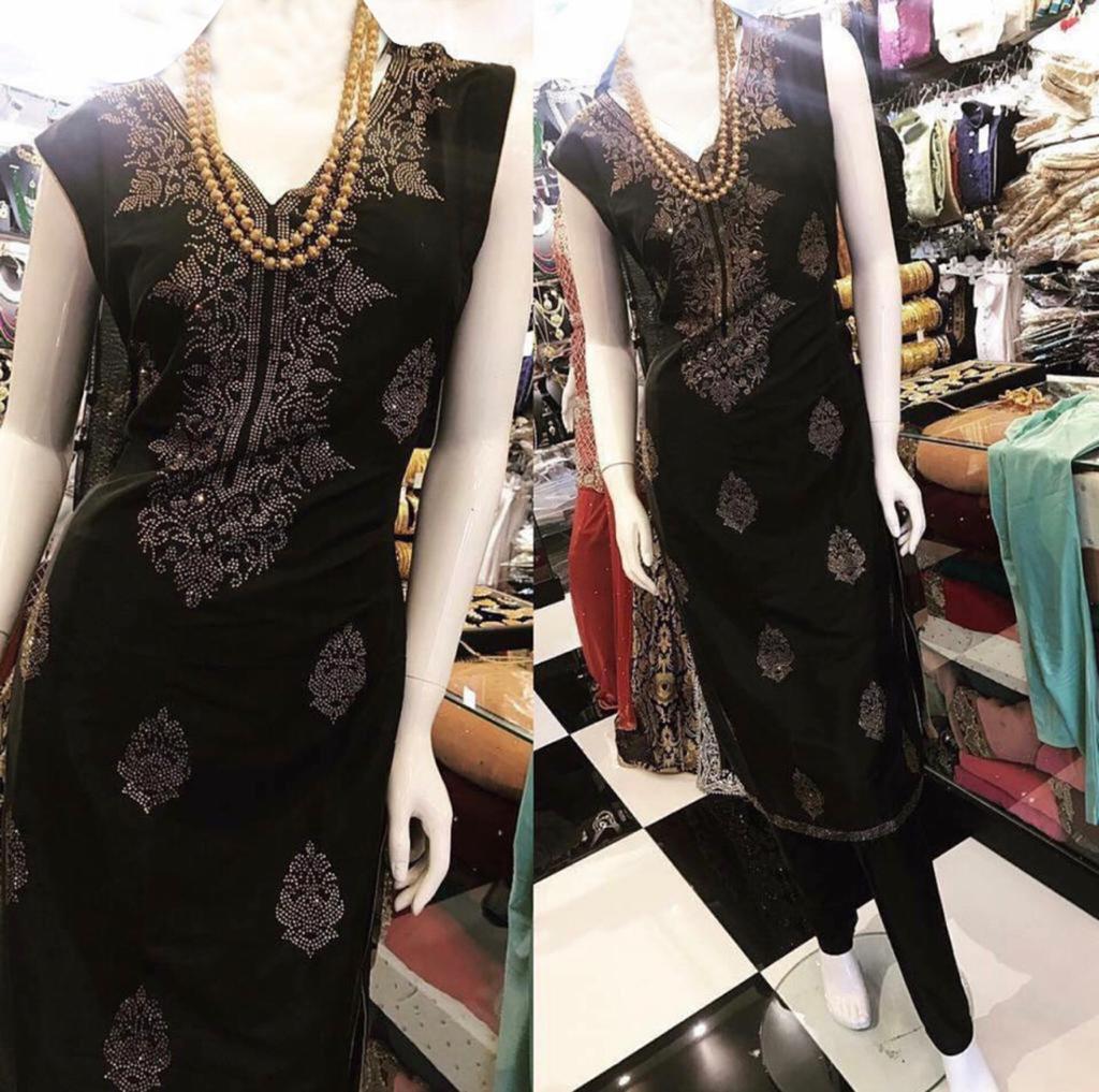 Black Color Party Wear Hot Fix Fancy Work Modal Chanderi Kurti Pent