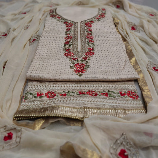 White Color Fancy Stone Diamond Embroidered All Over Sequence Neck Daman Lace Work Zaam Cotton Salwar Suit