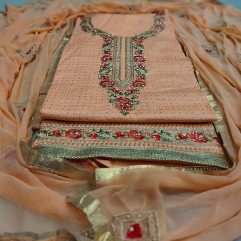 Peach Color Casual Wear Zaam Cotton All Over Sequence Diamond Stone Embroidered Neck Daman Lace Work Salwar Suit