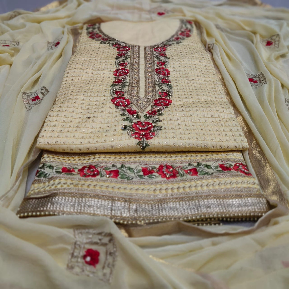 Cream Color Designer Diamond Embroidered Sequence Stone Neck Daman Lace Work Zaam Cotton Fancy Dress Material