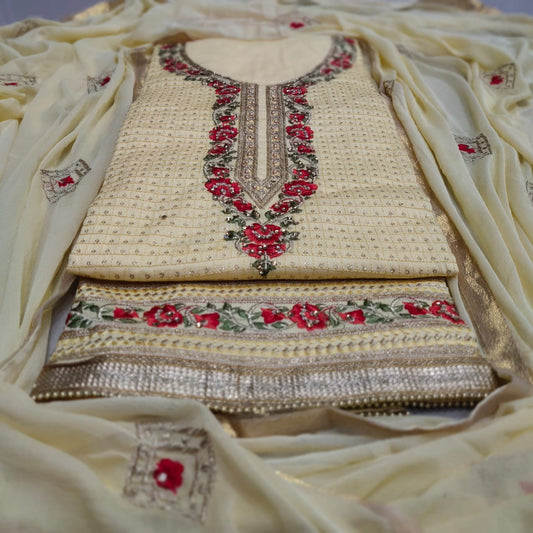 Cream Color Designer Diamond Embroidered Sequence Stone Neck Daman Lace Work Zaam Cotton Fancy Dress Material