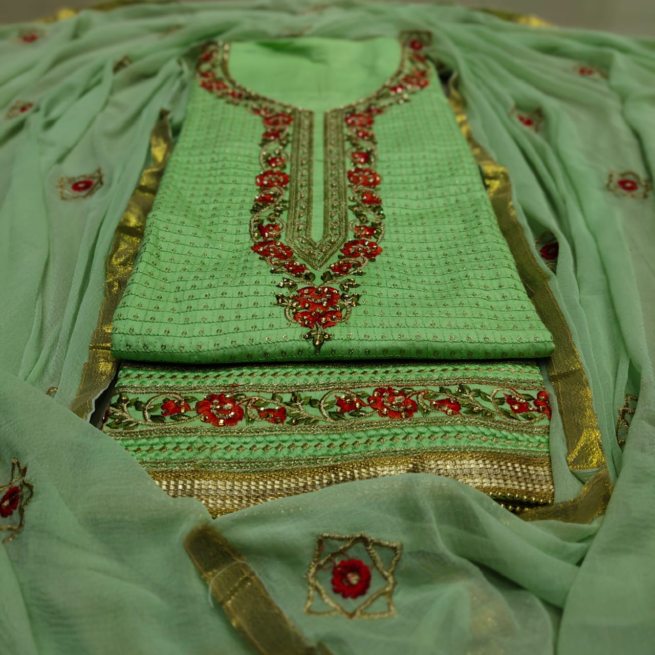 Pista Green Color Fancy Zaam Cotton All Over Embroidered Sequence Diamond Stone Daman Lace Neck Work Salwar Suit