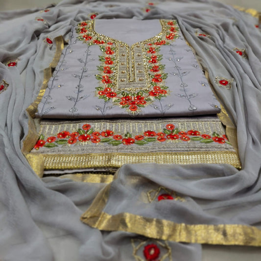 Grey Color Designer Cotton Zaam Neck Diamond Daman Lace Stone Sequence Embroidered Work Fancy Work Dress Material