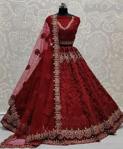 Striking Maroon Color Embroidered Thread Work Net Lehenga Choli For Women