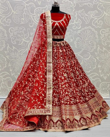 Stylish Red Color Velvet Wedding Wear Embroidered Sequence Work Lehenga Choli