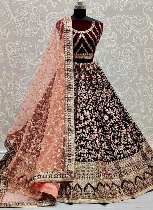 Flattering Maroon Color Sequence Embroidered Work Velvet Bridal Wear Lehenga Choli