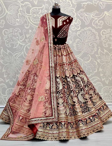 Graceful Maroon Color Festival Wear Velvet Multi Diamond Work Lehenga Choli